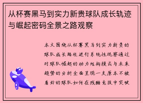 从杯赛黑马到实力新贵球队成长轨迹与崛起密码全景之路观察